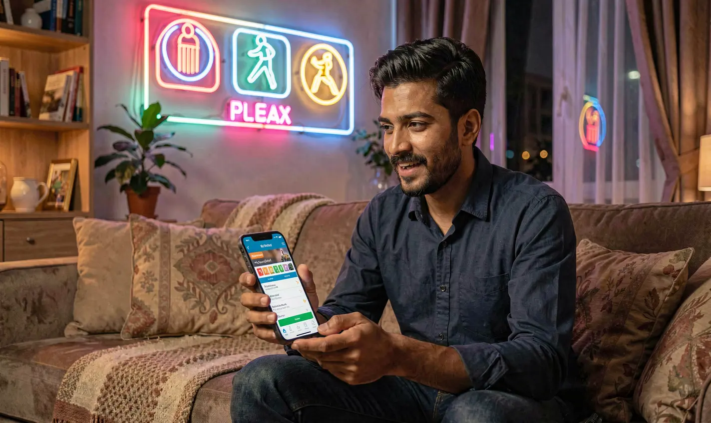 Young Bangladeshi user focused on his phone while using the 37OK sports betting app with glowing cricket icons behind him