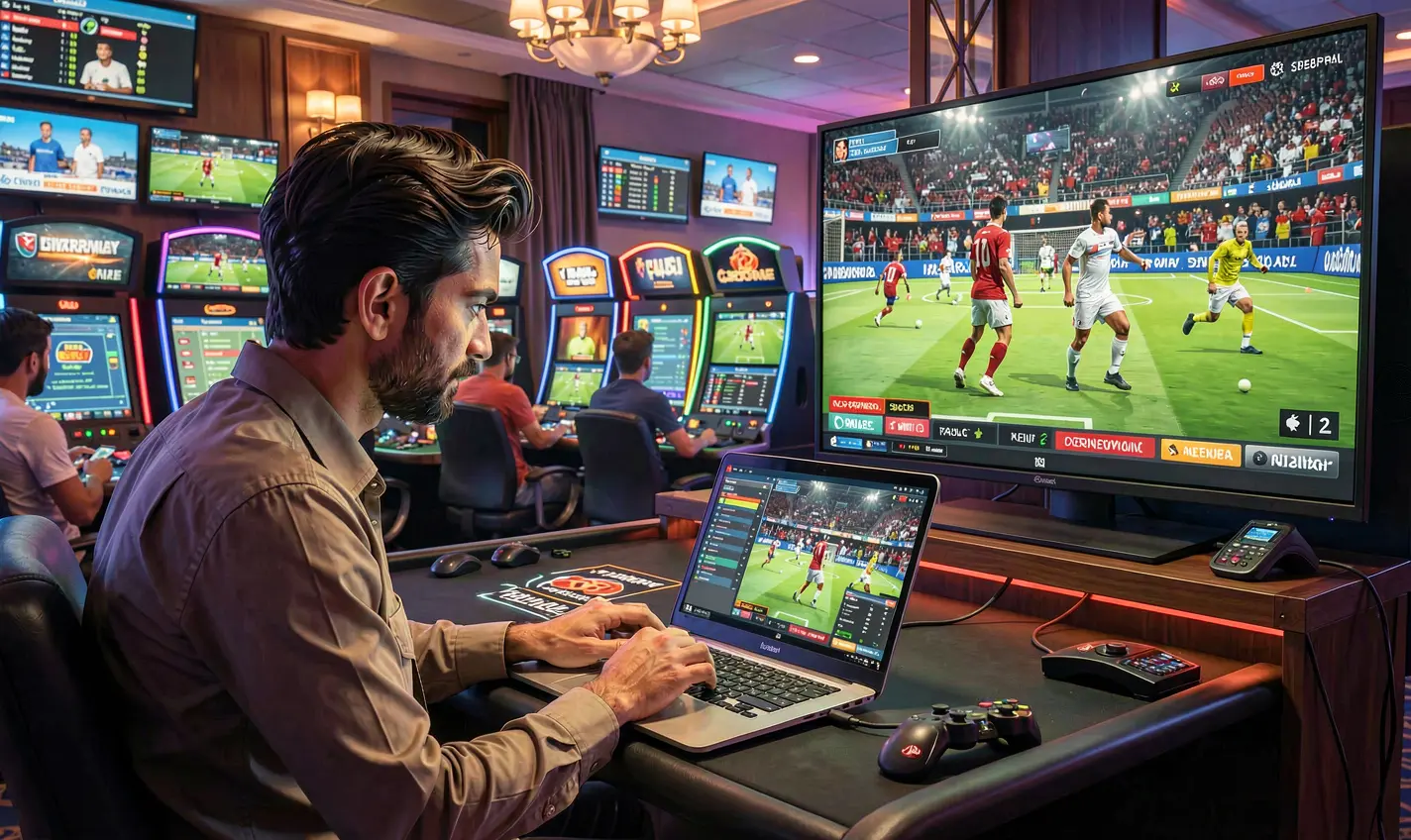 Focused Bangladeshi player placing strategic sports bets on a laptop while tracking live match action on TV using the 37OK betting platform