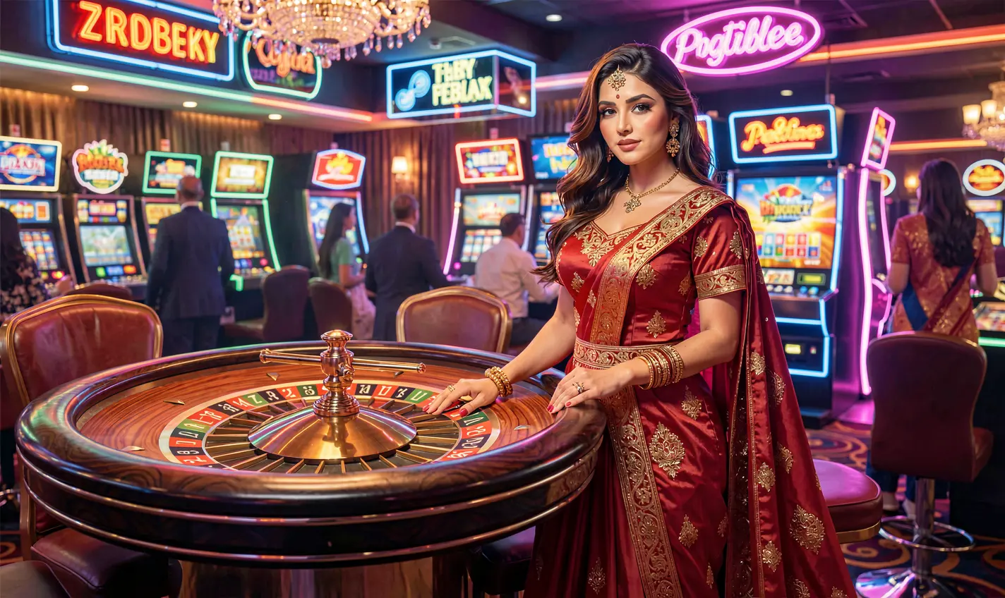 Stylish woman in a red dress standing by a bright roulette table in a modern casino atmosphere showcasing the live gaming experience at 37OK for players in Bangladesh