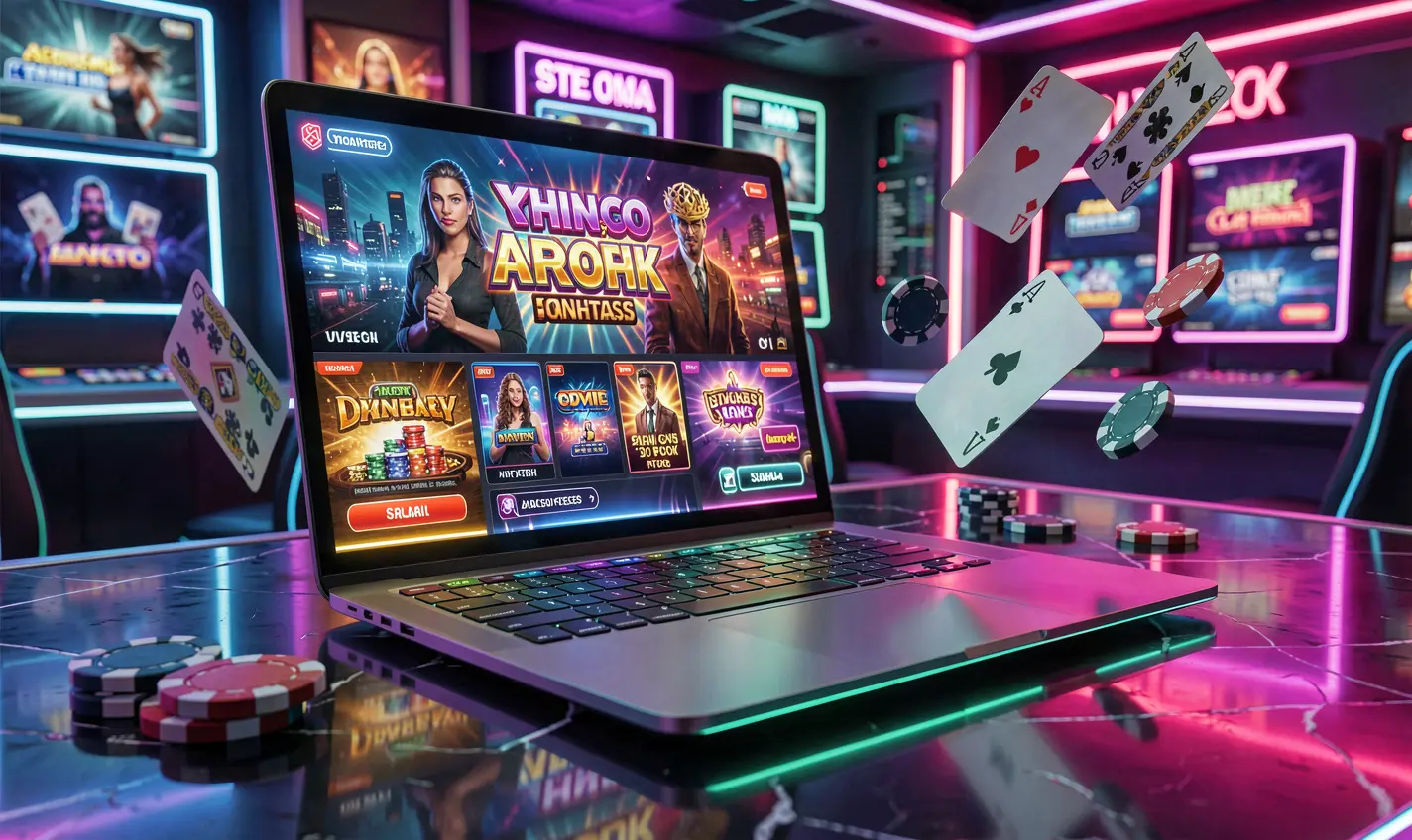 Cyberpunk style casino scene with flying poker chips and cards around a laptop showcasing immersive online games at 37OK