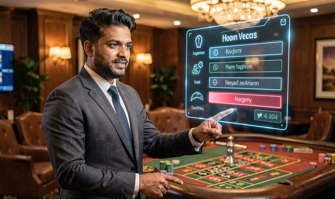 Professional casino dealer pointing at a futuristic holographic login panel with a glowing roulette table behind him representing secure access at 37OK in Bangladesh