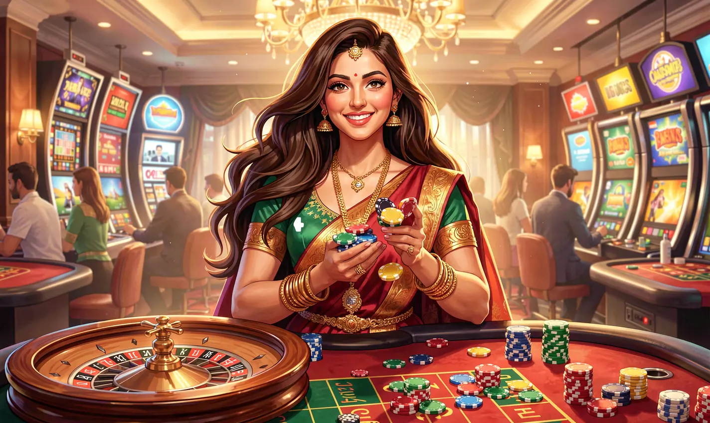 Confident Bangladeshi casino player holding poker chips with a glowing roulette wheel behind her representing premium gaming on 37OK