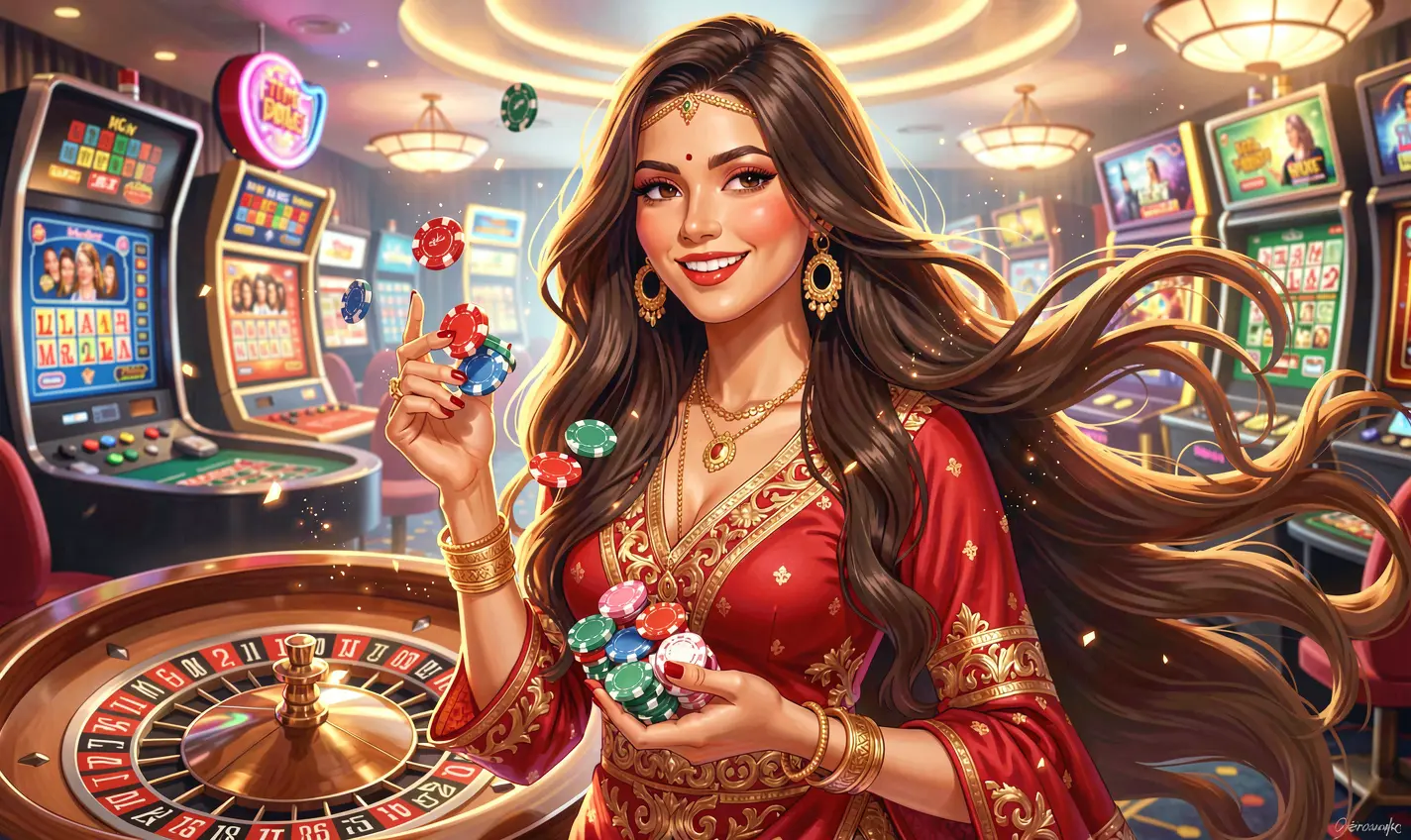 Elegant casino scene with a confident Bangladeshi woman holding chips near a roulette wheel highlighting the immersive gaming world of 37OK