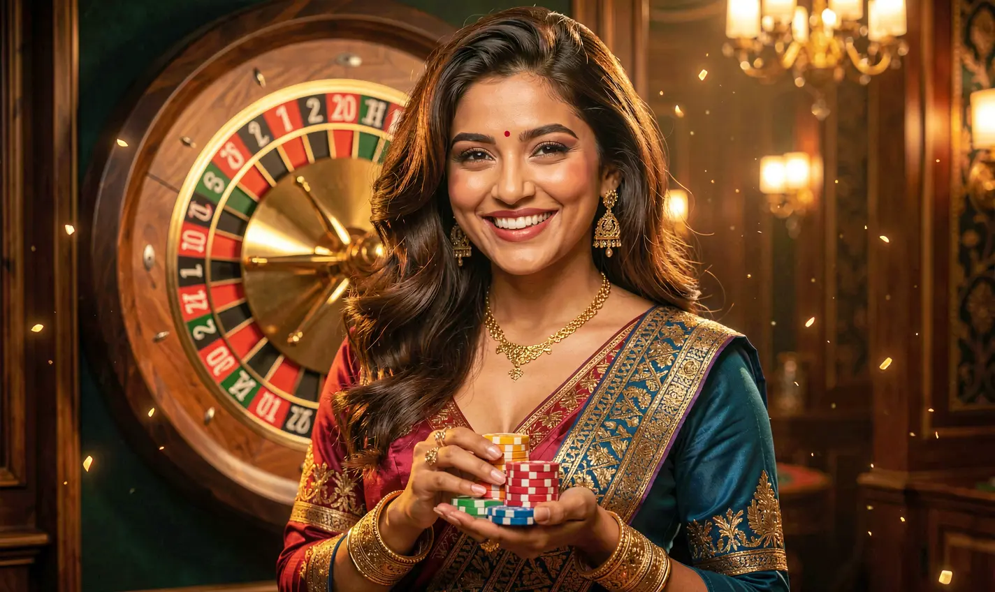 Elegant casino woman holding poker chips in a luxury gaming atmosphere with a roulette wheel behind her showcasing the premium experience of 37OK Casino in Bangladesh