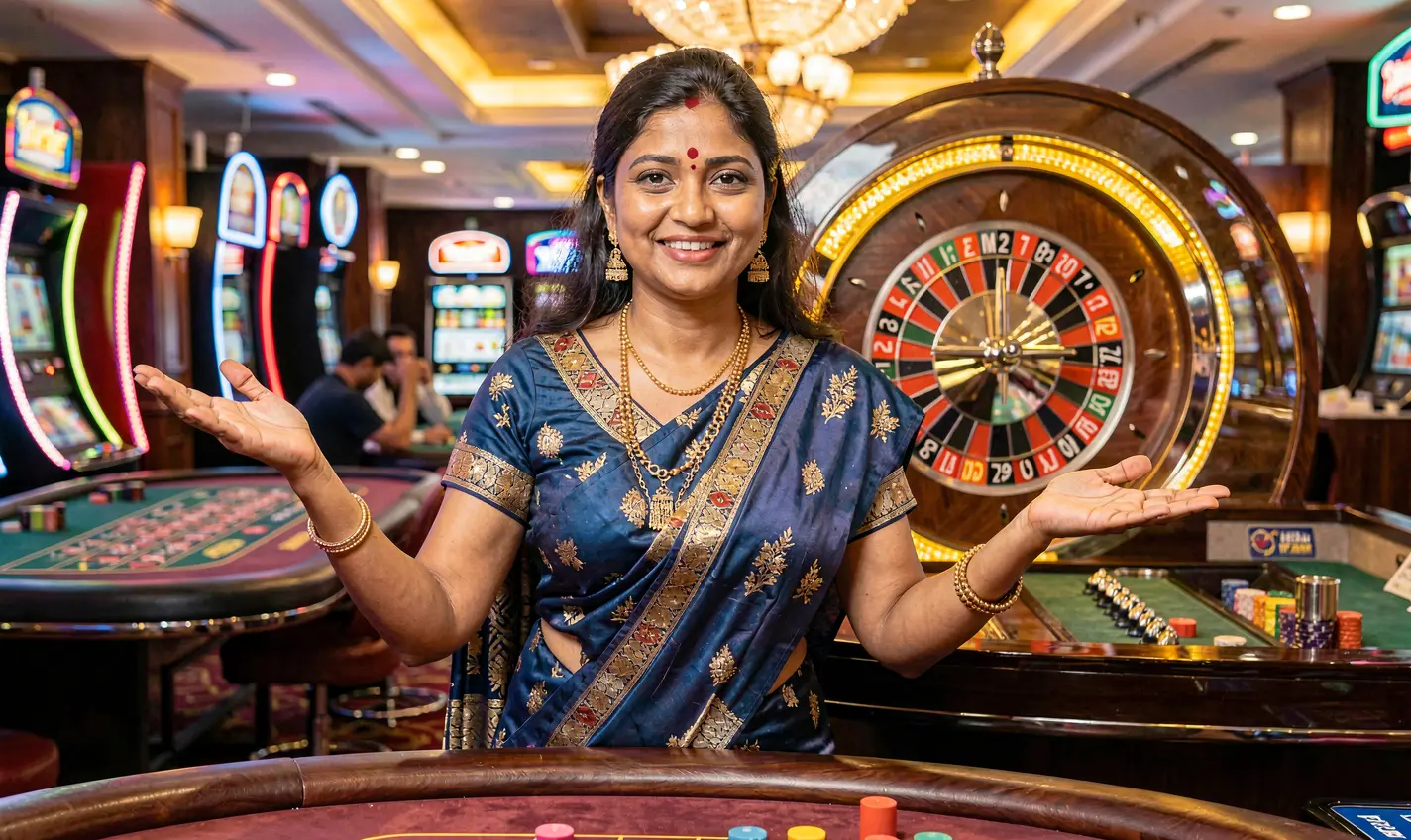 Stylish casino dealer welcoming players in a vibrant gaming environment with roulette lights and a premium atmosphere on 37OK Bangladesh