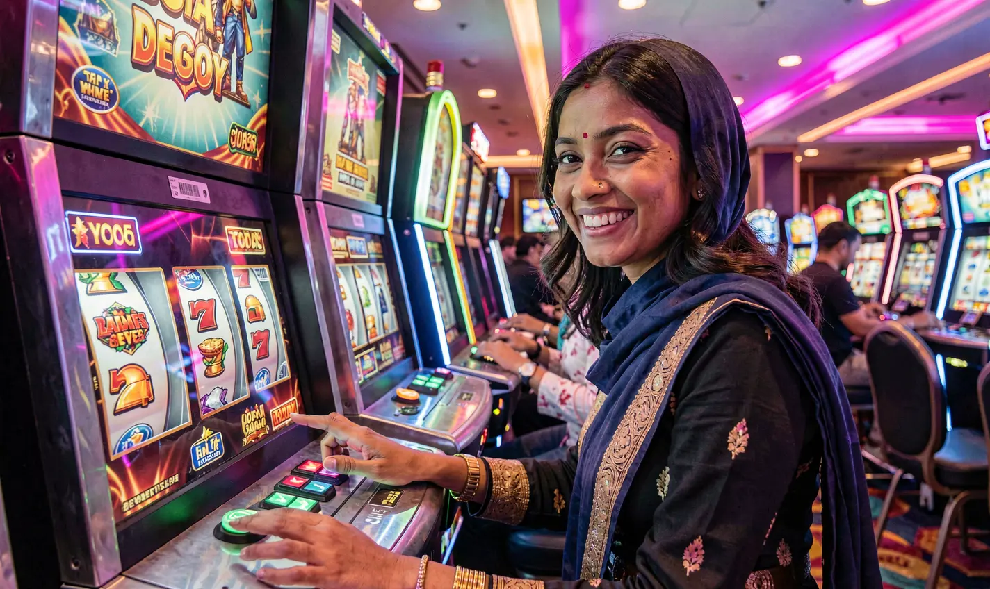 Focused Bangladeshi player enjoying bright digital slot reels and dynamic casino visuals while playing online slots on 37OK